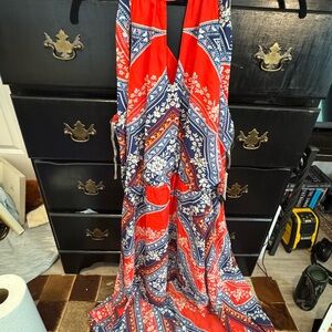 Red and Blue Patterned High Low Dress